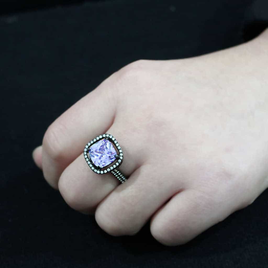 Stainless Steel Dark IP Lavender CZ Cushion Halo Solitaire Ring view 9