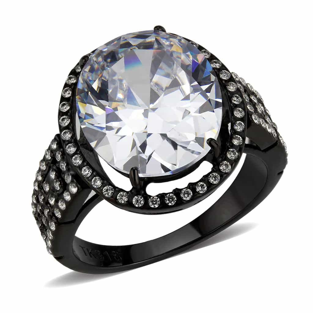 Stainless Steel Dark IP CZ Oval Pave Halo Cocktail Ring view 1
