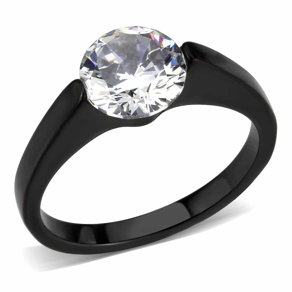 Stainless Steel Dark IP CZ Round Tension Set Solitaire Ring view 1