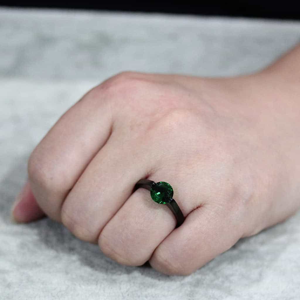 Stainless Steel Dark IP Emerald Green CZ Round Bypass Ring view 9