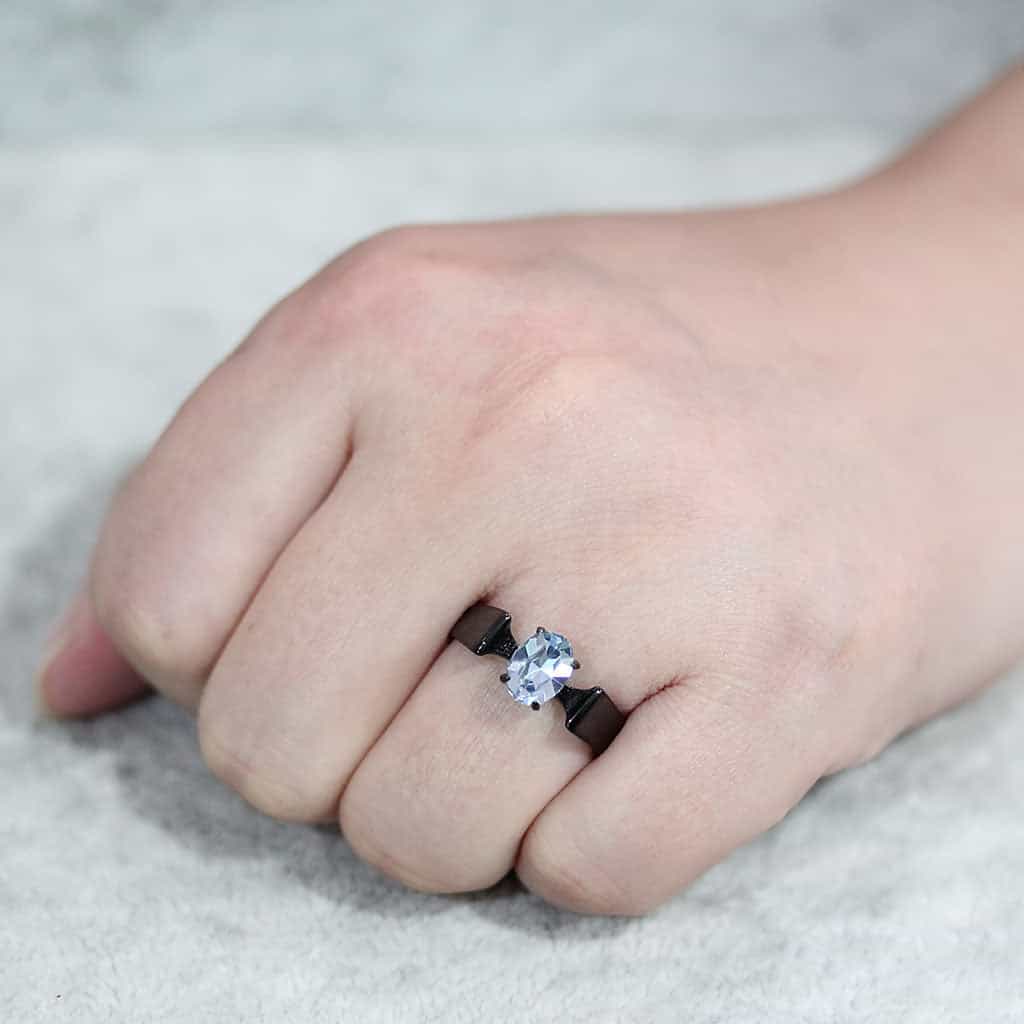 Stainless Steel Dark IP Light Blue CZ Oval Bypass Solitaire Ring view 9