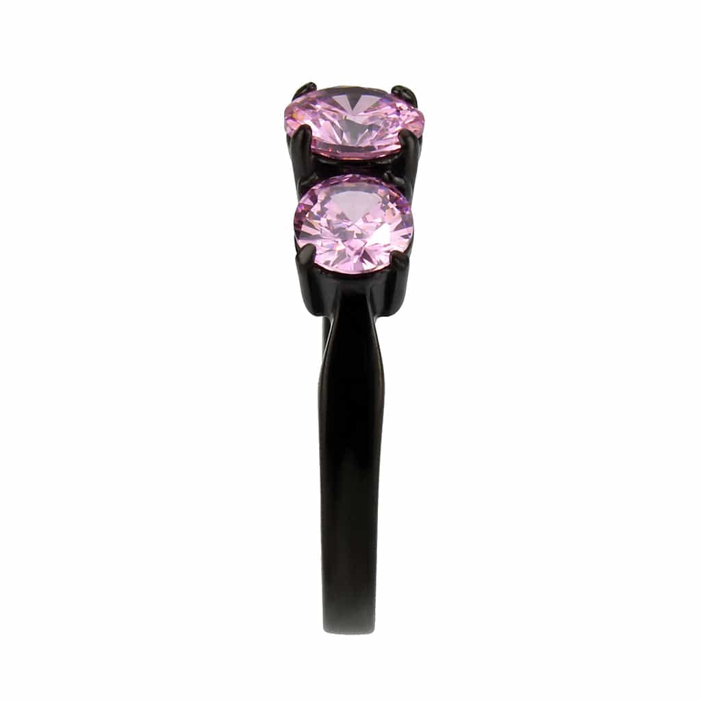 Stainless Steel Dark IP Pink CZ Round Three Stone Ring view 7