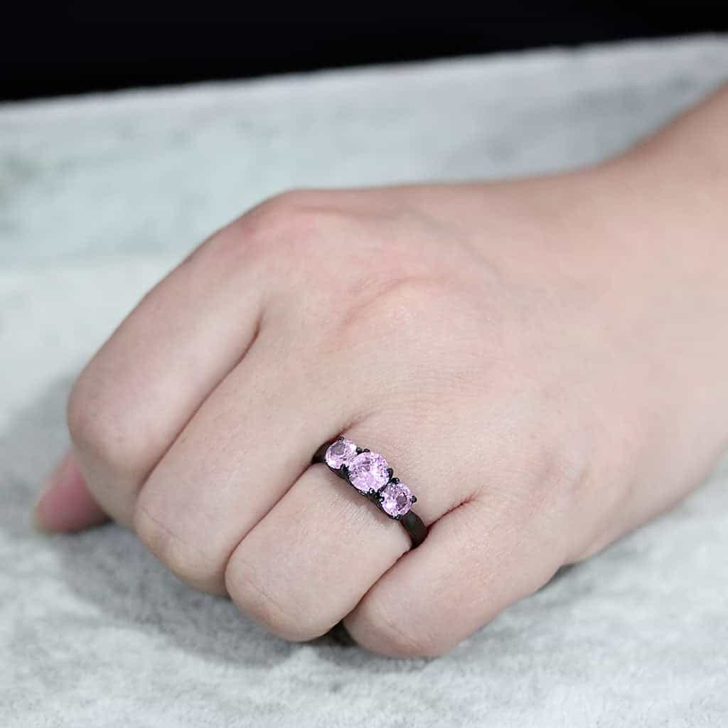 Stainless Steel Dark IP Pink CZ Round Three Stone Ring view 9