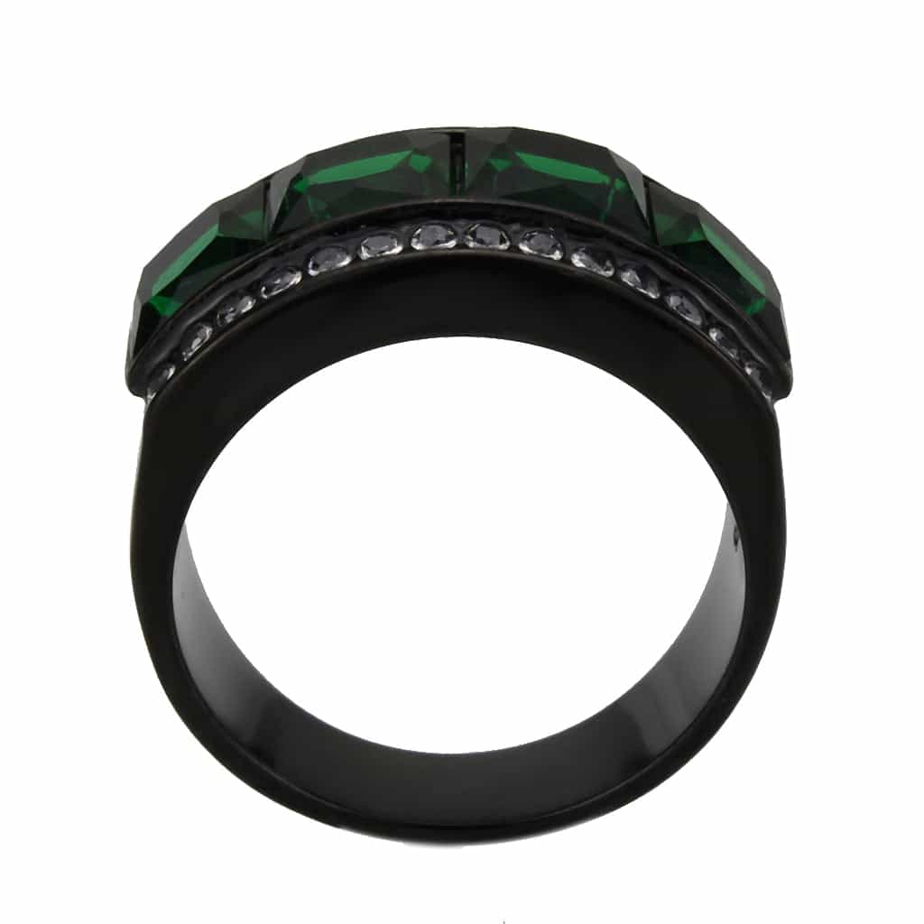 Stainless Steel Dark IP Emerald Green Crystal Princess Ring view 7