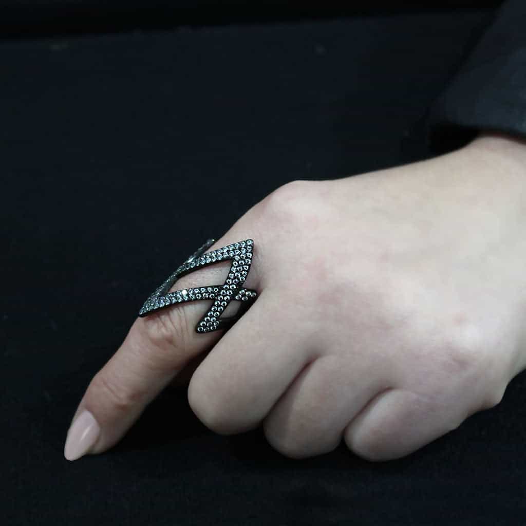 Stainless Steel Dark IP CZ Pave Double V Chevron Open Ring view 9
