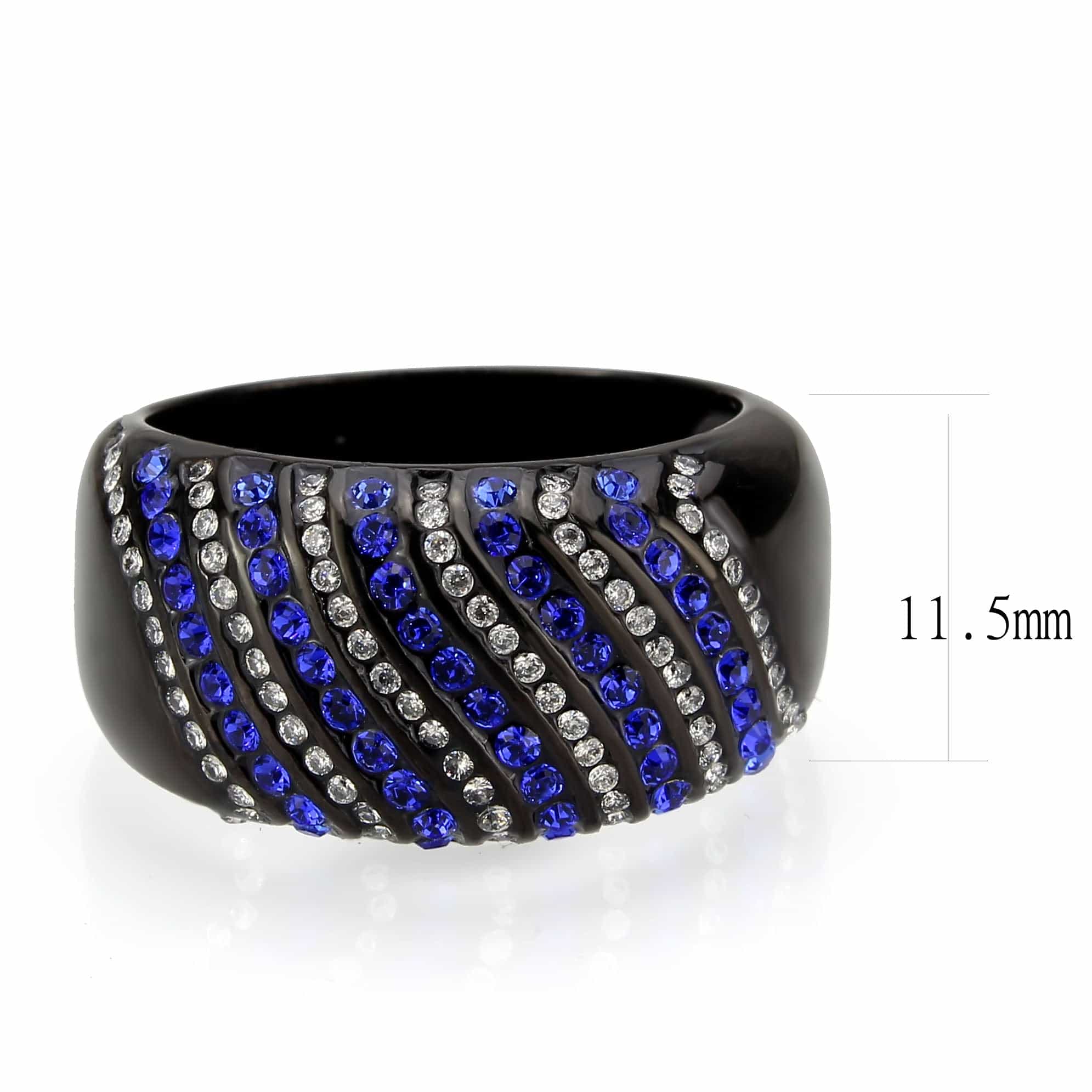 Stainless Steel Dark IP Blue Crystal Pave Stripe Wide Band Ring view 3