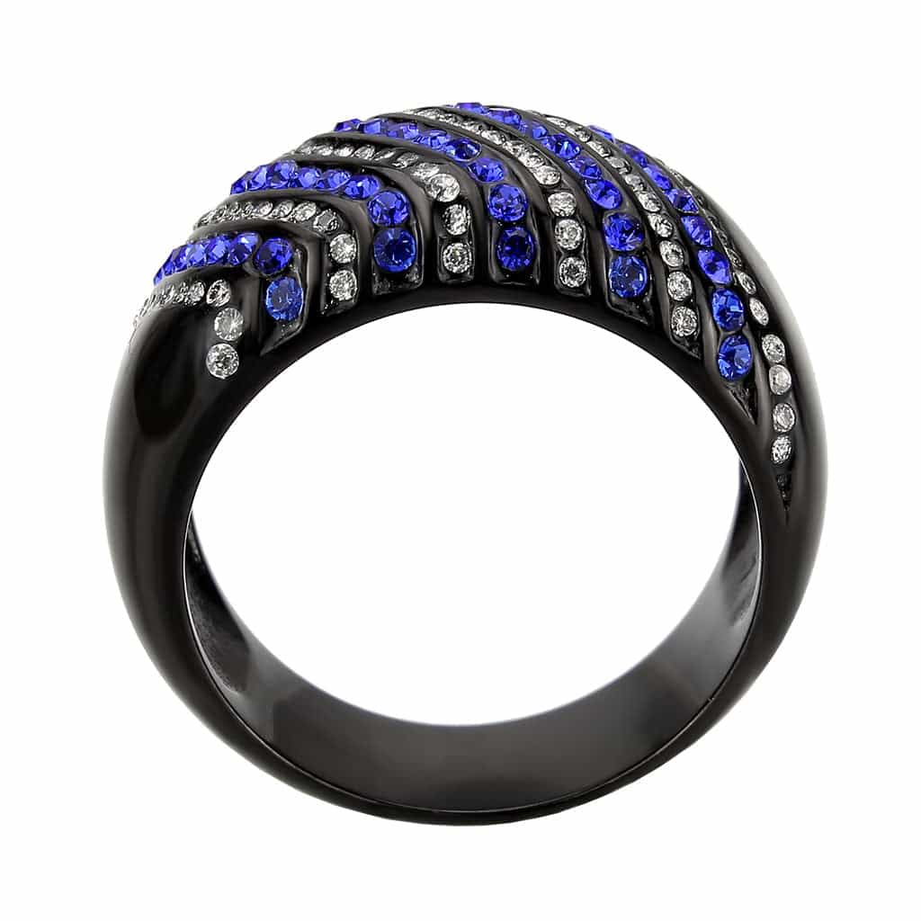 Stainless Steel Dark IP Blue Crystal Pave Stripe Wide Band Ring view 5