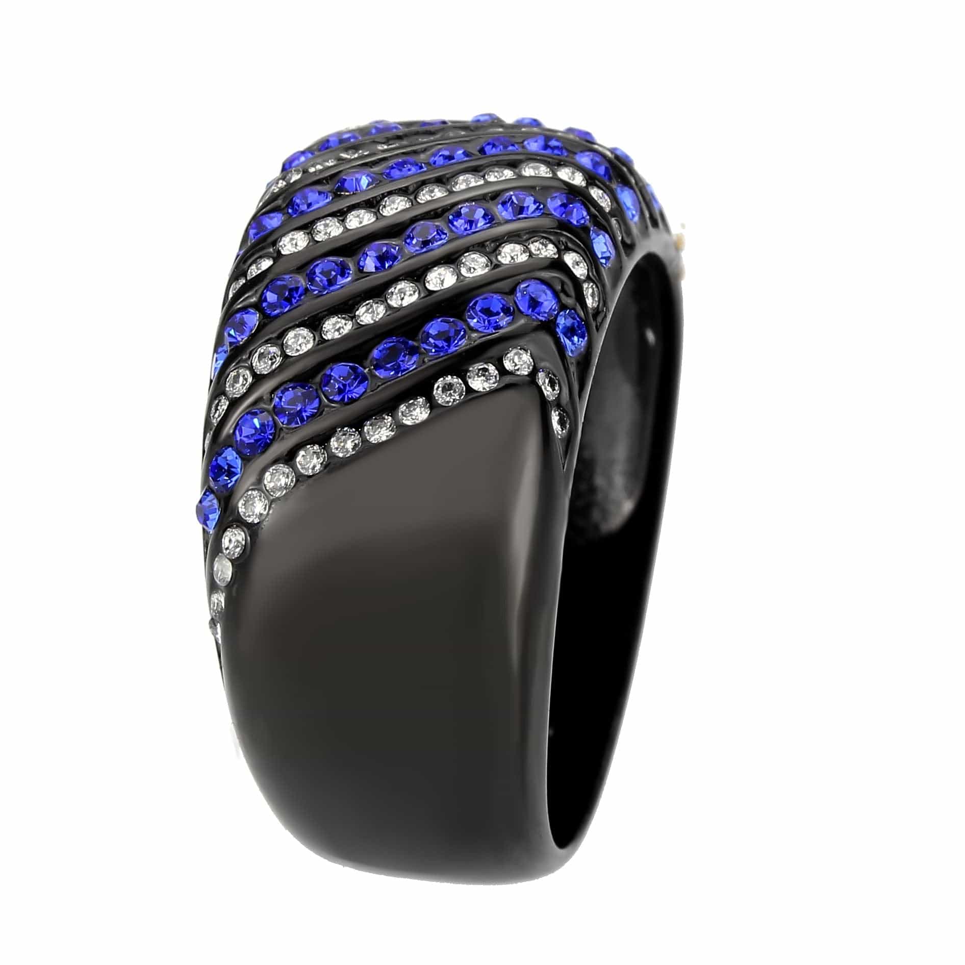 Stainless Steel Dark IP Blue Crystal Pave Stripe Wide Band Ring view 7