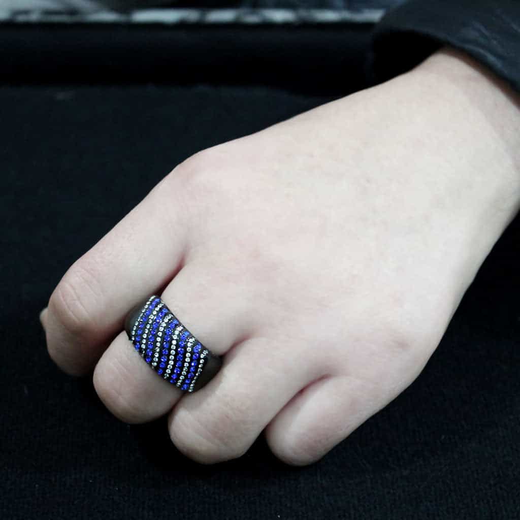 Stainless Steel Dark IP Blue Crystal Pave Stripe Wide Band Ring view 9