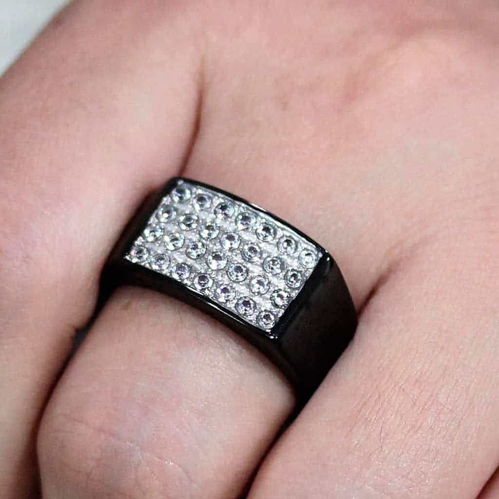 Stainless Steel Dark IP CZ Pave Rectangle Mens Signet Ring view 3