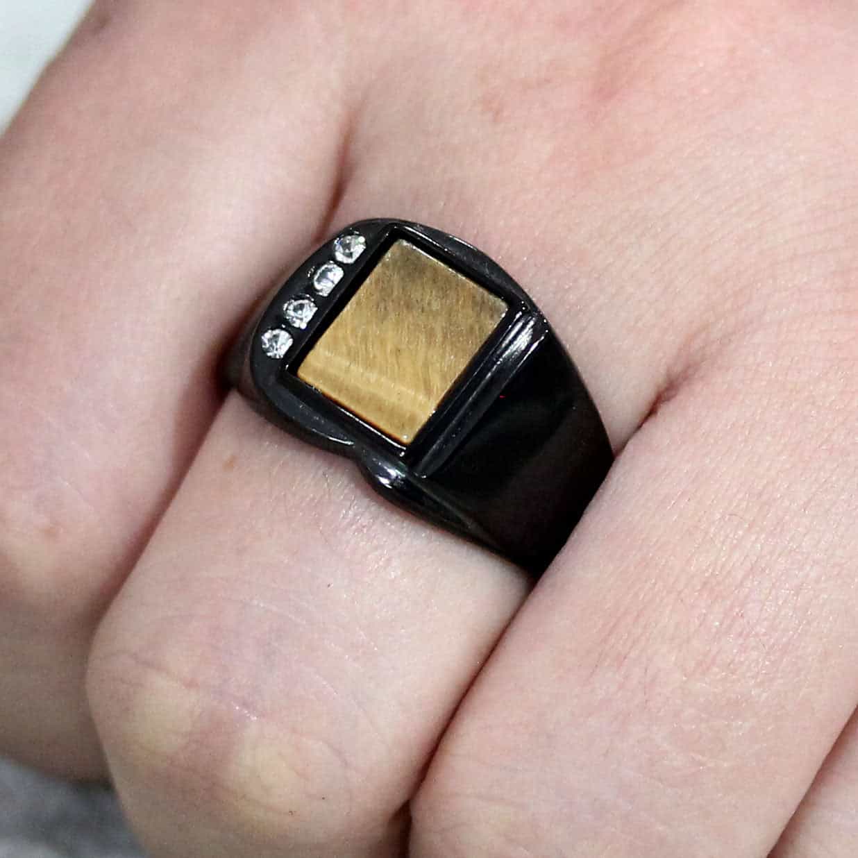 Stainless Steel Dark IP Tiger Eye Square Mens Signet Ring view 3