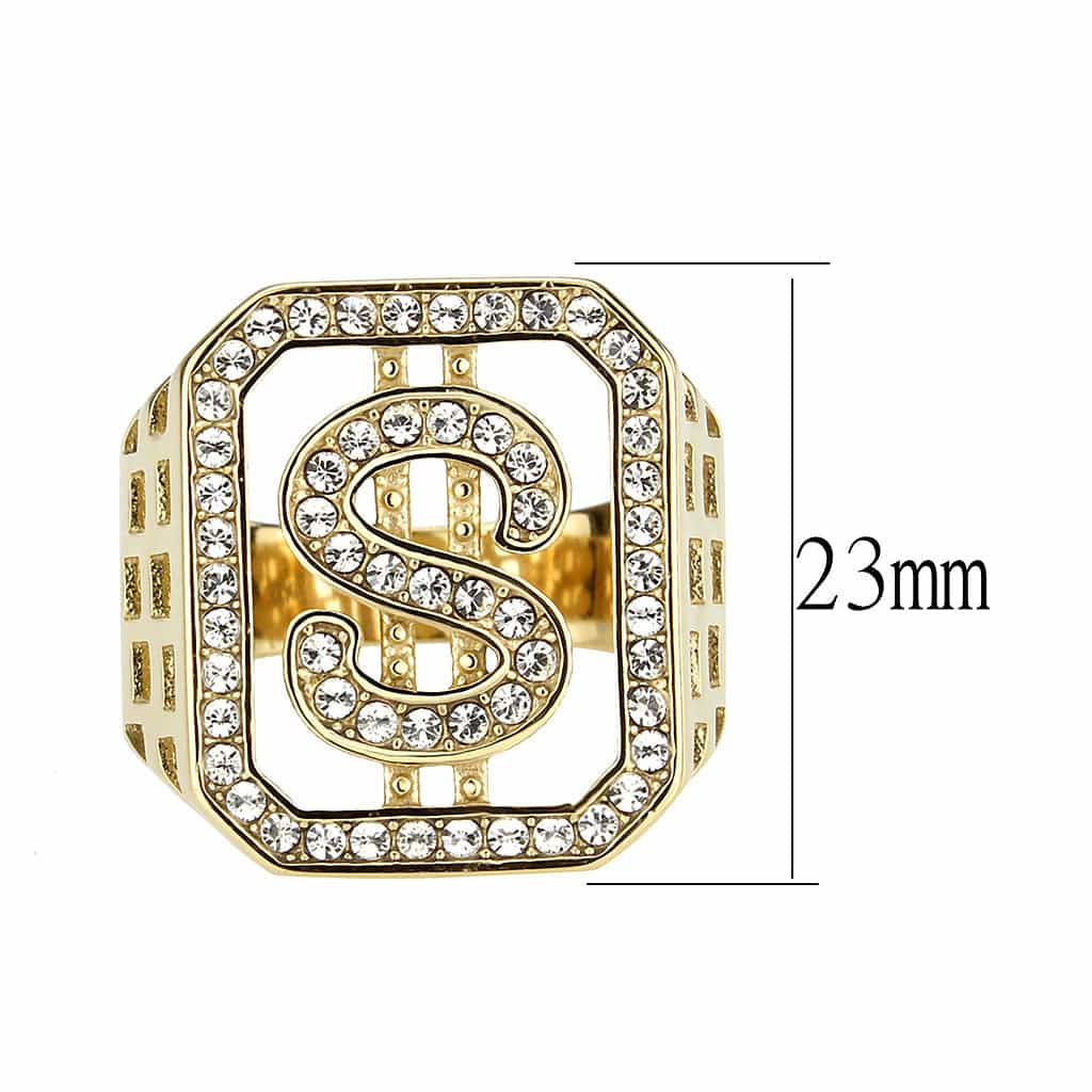 Stainless Steel Gold IP CZ Dollar Sign Pave Mens Signet Ring view 3