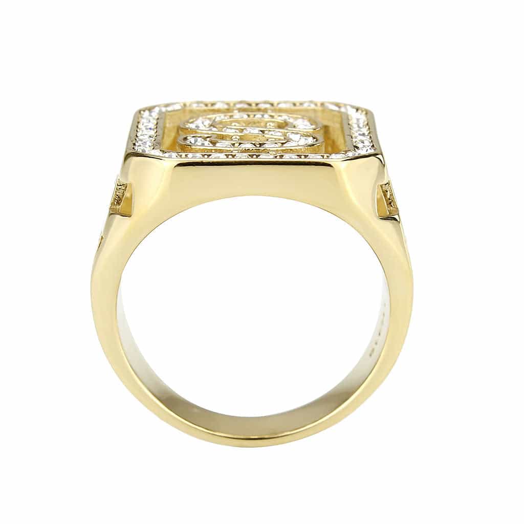 Stainless Steel Gold IP CZ Dollar Sign Pave Mens Signet Ring view 5