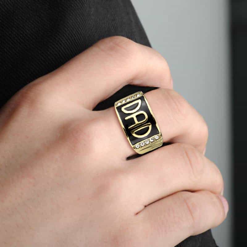 Stainless Steel Gold IP DAD Letter Enamel CZ Mens Band Ring view 9