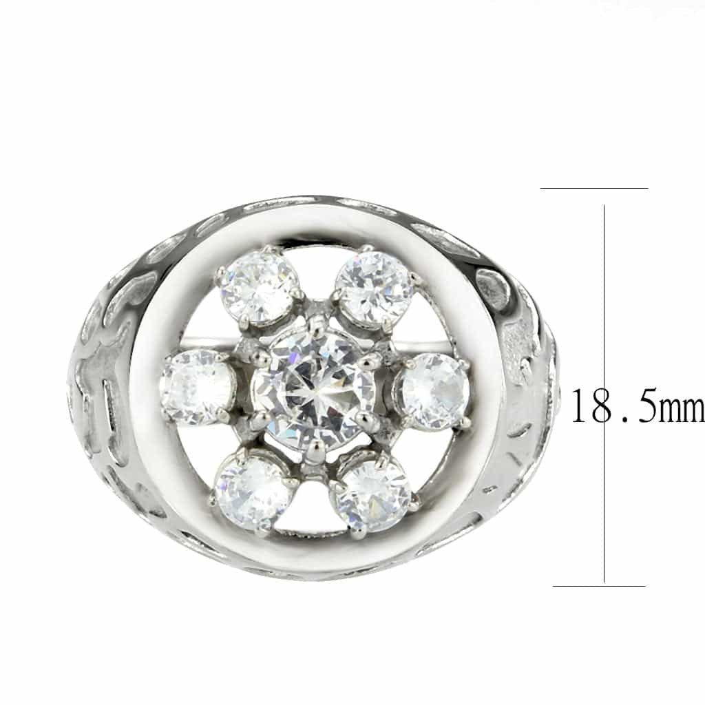 Stainless Steel Silver CZ Round Flower Cluster Filigree Mens Ring view 3