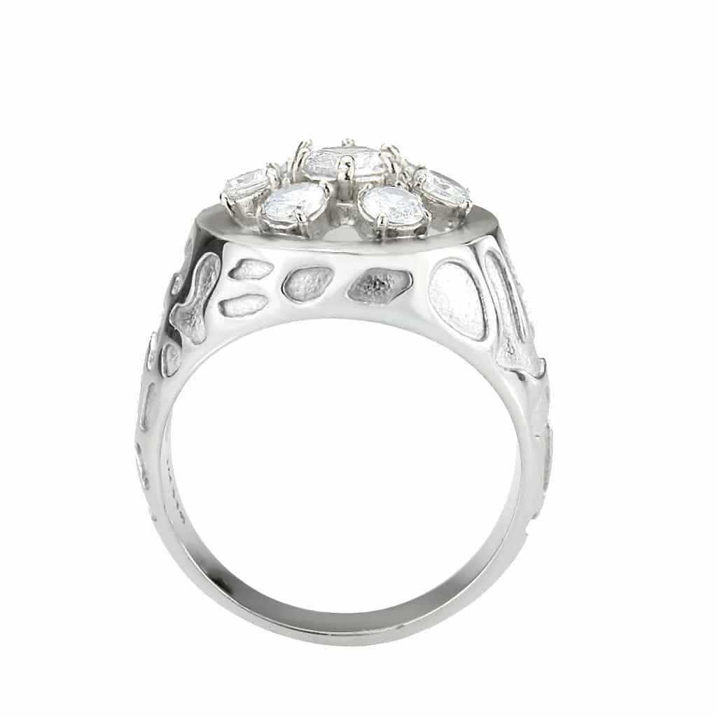 Stainless Steel Silver CZ Round Flower Cluster Filigree Mens Ring view 5
