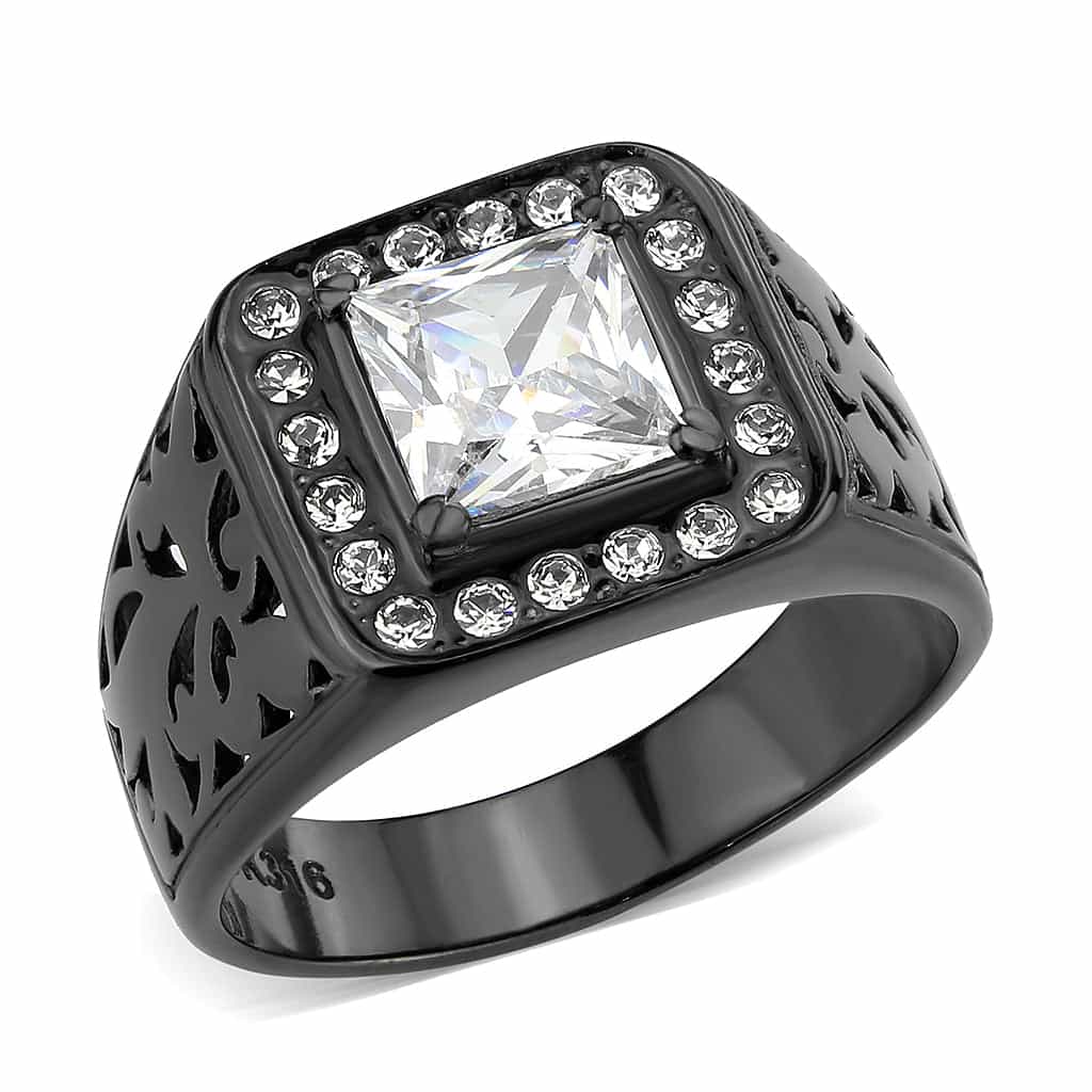Stainless Steel Dark IP CZ Princess Halo Filigree Cutout Ring view 1