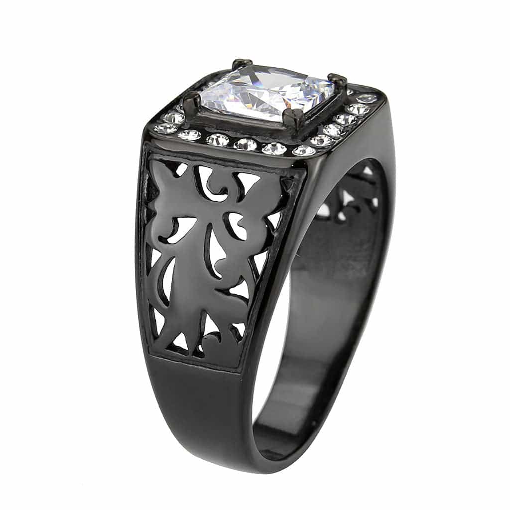 Stainless Steel Dark IP CZ Princess Halo Filigree Cutout Ring view 7