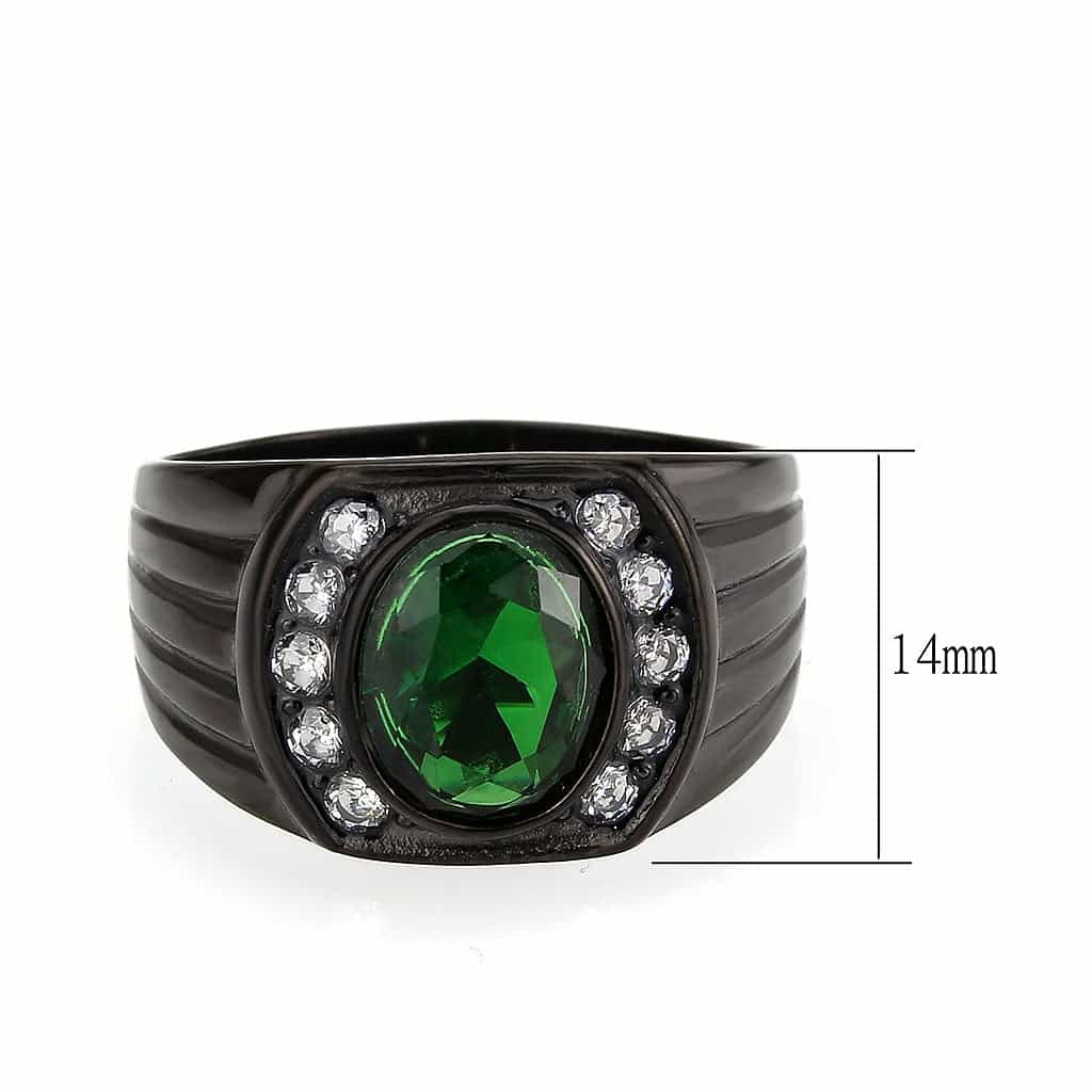 Stainless Steel Dark IP Emerald Green CZ Oval Halo Ribbed Ring view 3