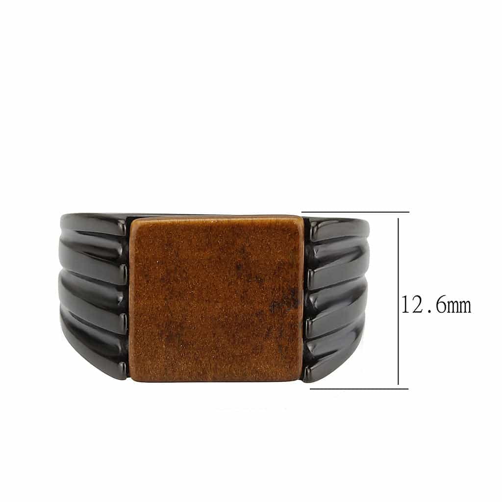 Stainless Steel Dark IP Tiger Eye Square Ribbed Mens Signet Ring view 3
