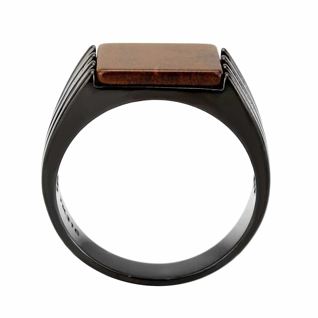 Stainless Steel Dark IP Tiger Eye Square Ribbed Mens Signet Ring view 5