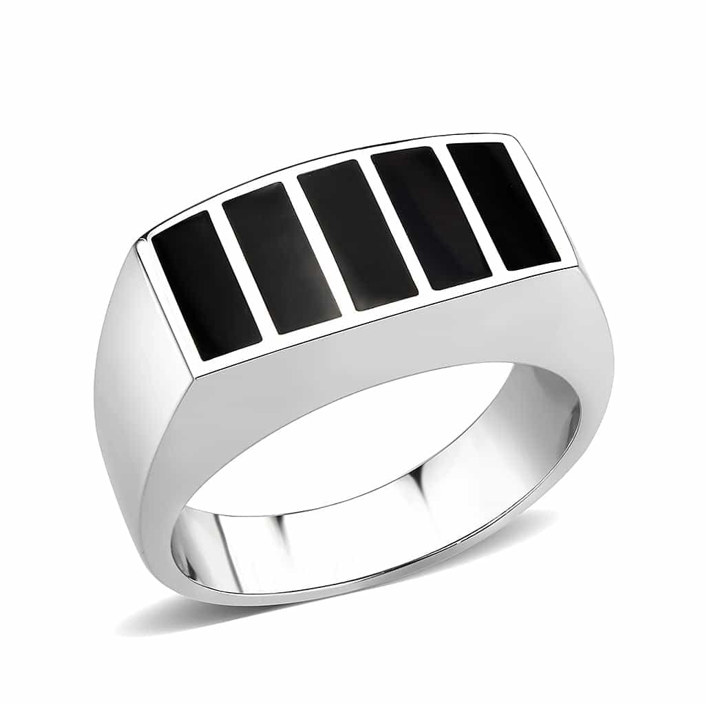 Stainless Steel Silver Black Enamel Stripe Rectangle Mens Ring view 1