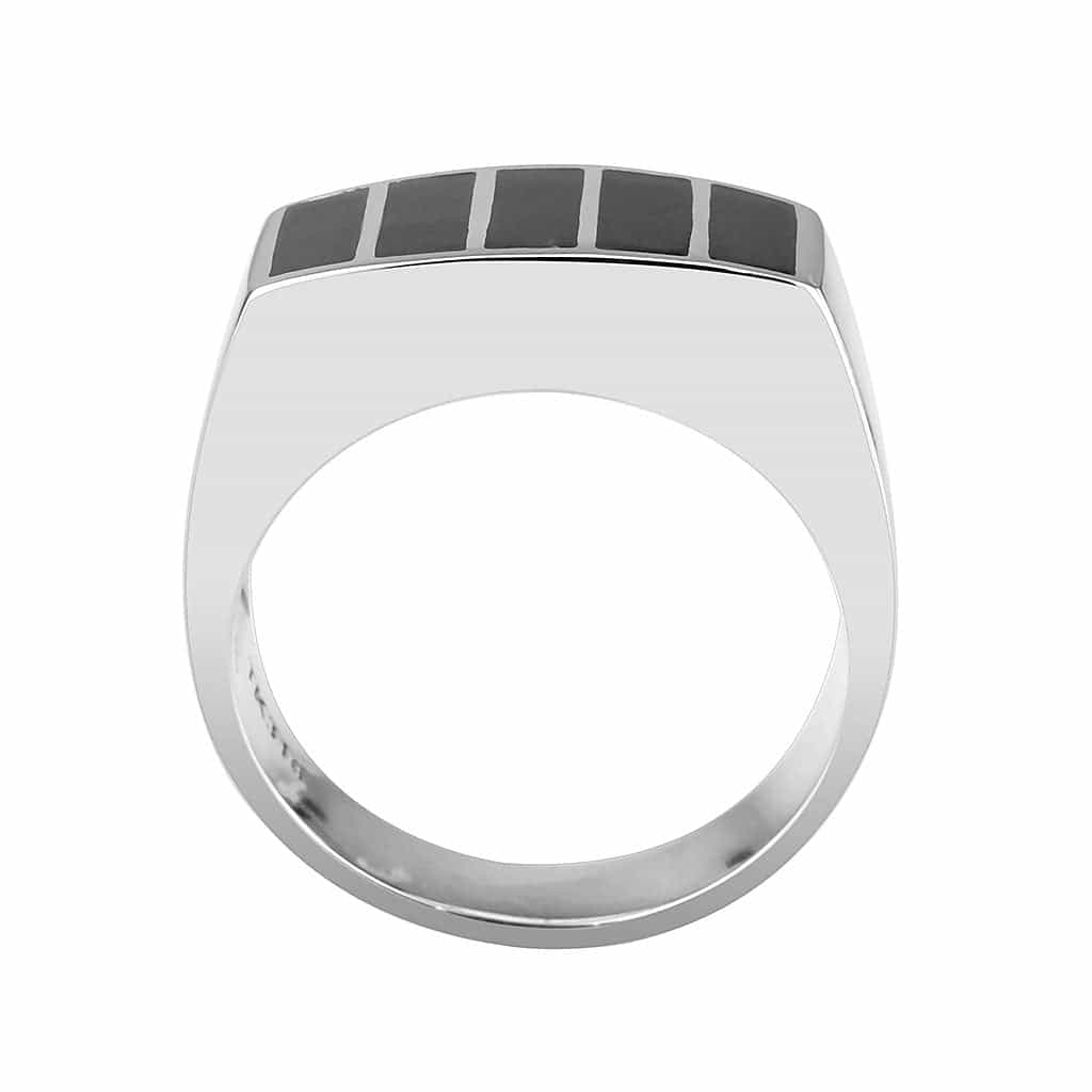 Stainless Steel Silver Black Enamel Stripe Rectangle Mens Ring view 5