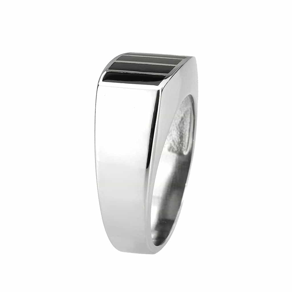 Stainless Steel Silver Black Enamel Stripe Rectangle Mens Ring view 7