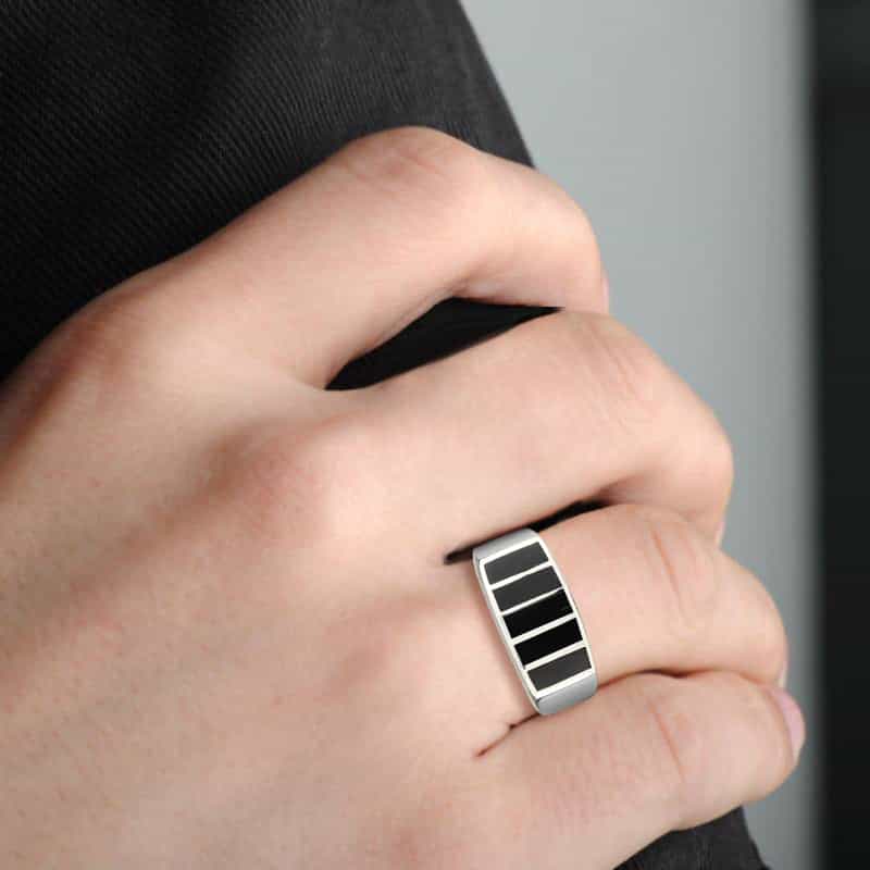 Stainless Steel Silver Black Enamel Stripe Rectangle Mens Ring view 9