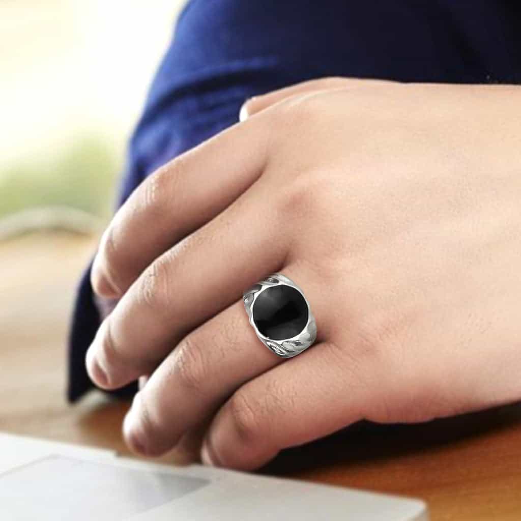 Stainless Steel Silver Black Onyx Oval Cabochon Mens Signet Ring view 9