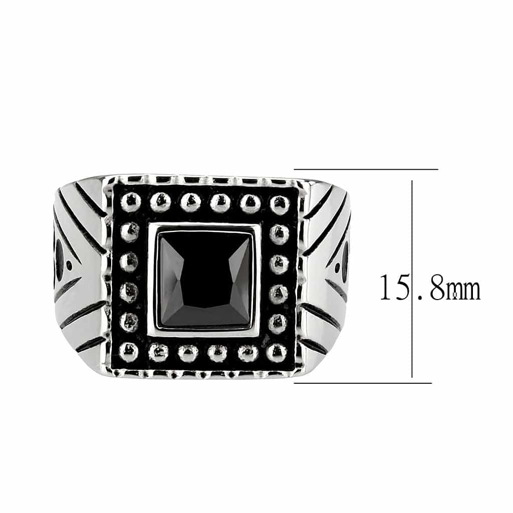 Stainless Steel Silver Black Stone Square Beaded Halo Mens Ring view 3