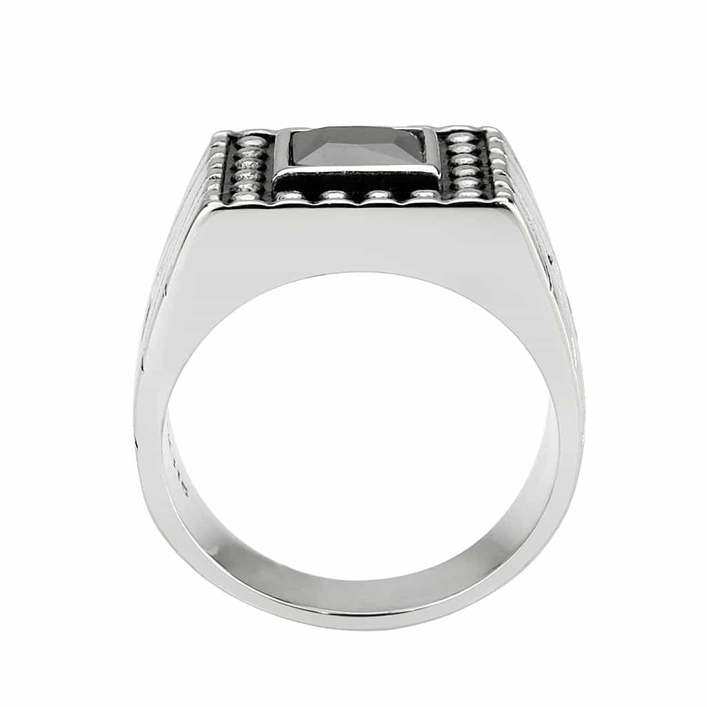Stainless Steel Silver Black Stone Square Beaded Halo Mens Ring view 5