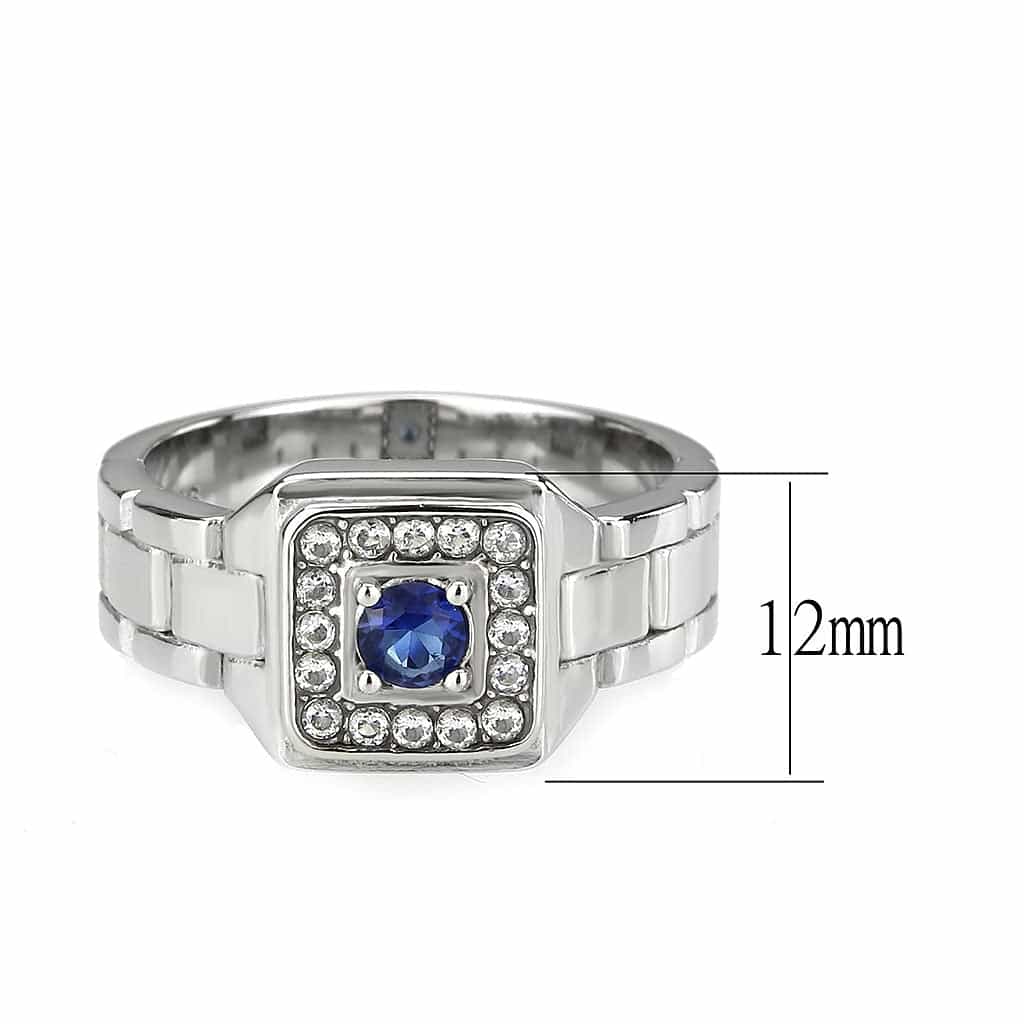 Stainless Steel Silver Blue Sapphire CZ Oval Pave Link Mens Ring view 3