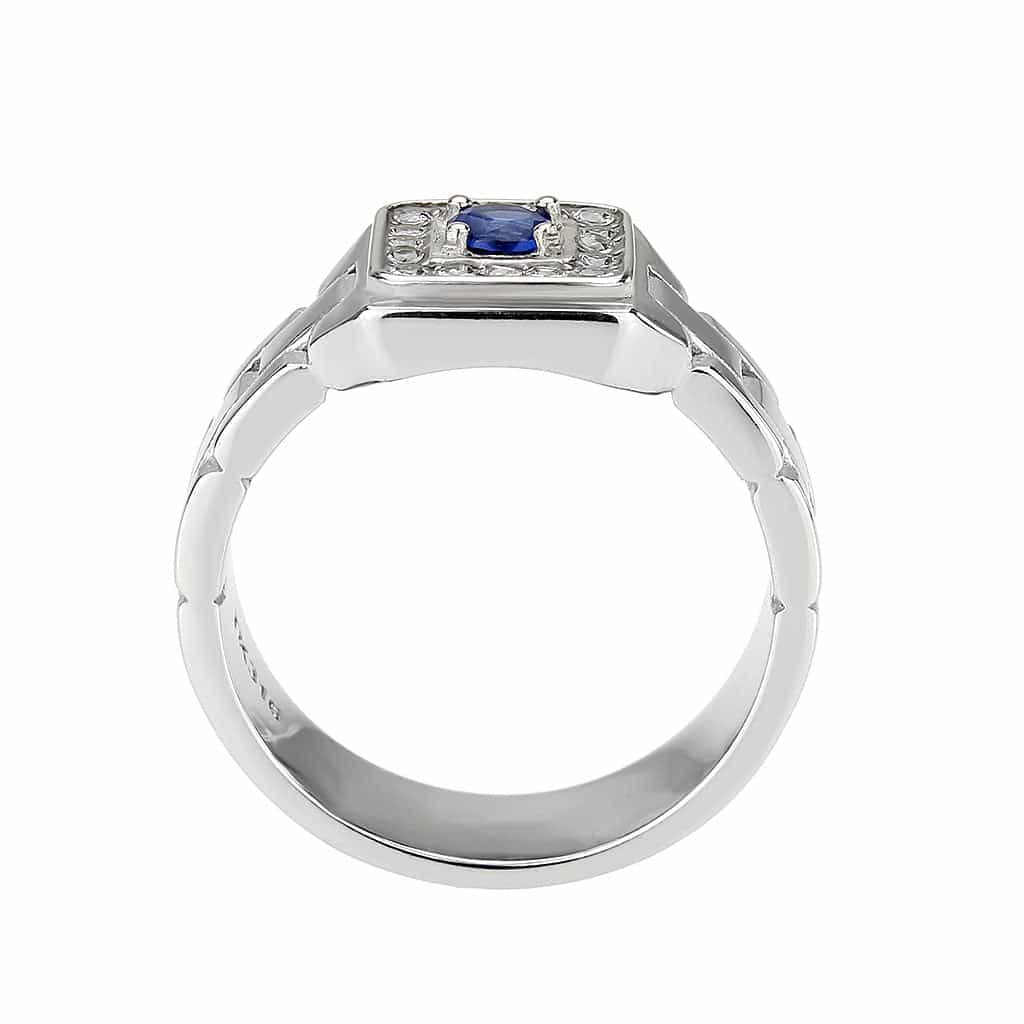 Stainless Steel Silver Blue Sapphire CZ Oval Pave Link Mens Ring view 5