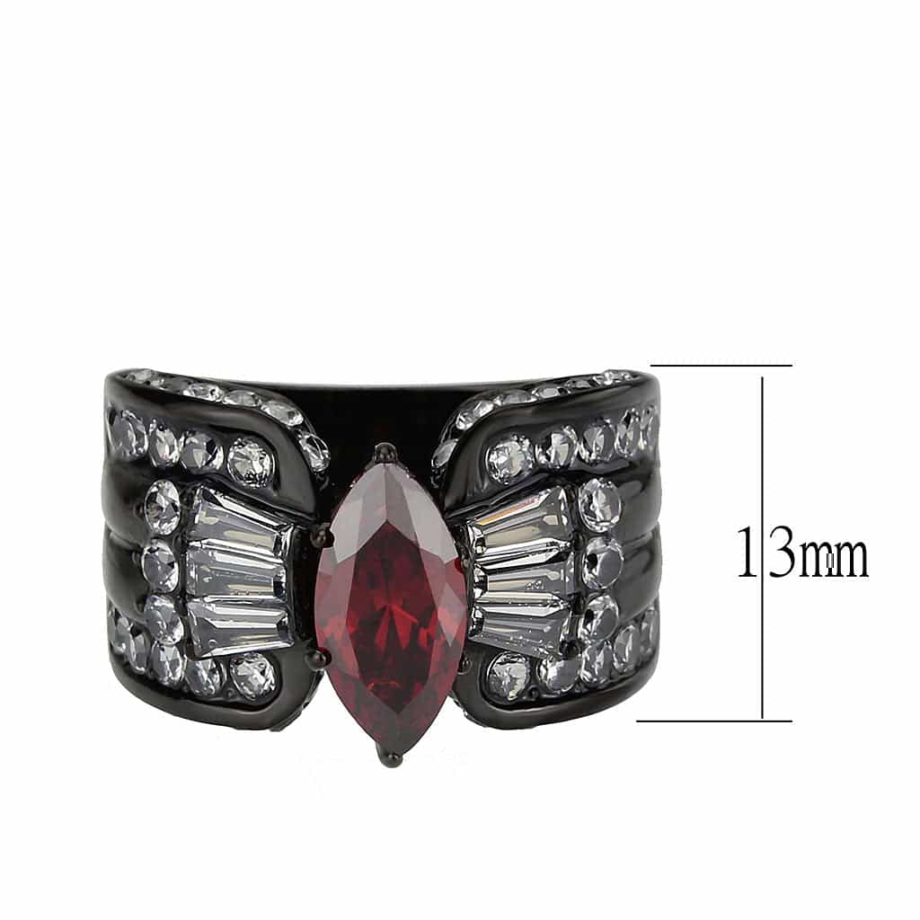 Stainless Steel Dark IP Red Garnet CZ Marquise Baguette Wide Ring view 3