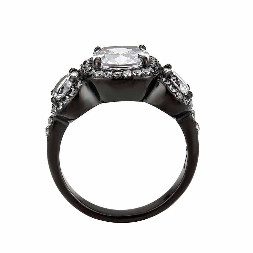 Stainless Steel Dark IP CZ Cushion Halo Three Stone Cocktail Ring view 5