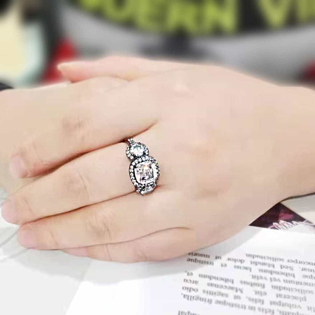 Stainless Steel Dark IP CZ Cushion Halo Three Stone Cocktail Ring view 9