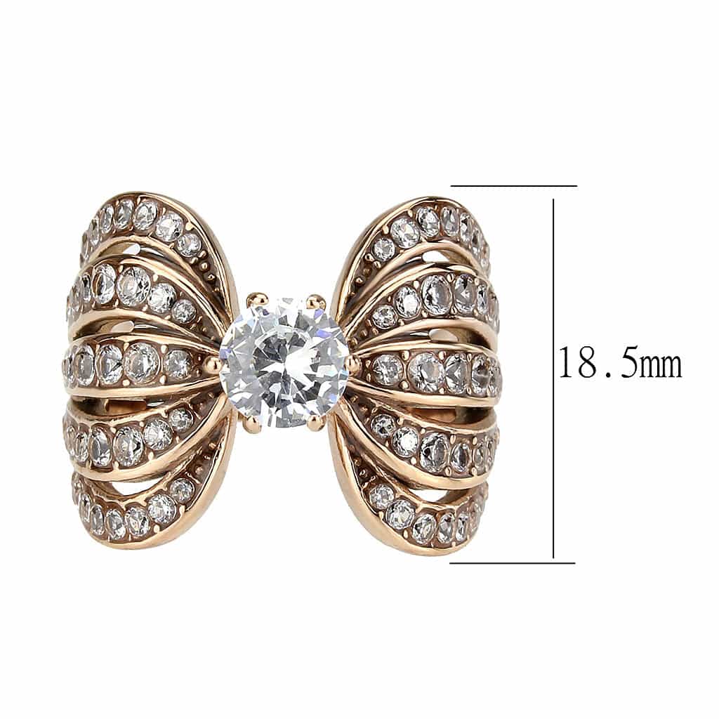 Stainless Steel Rose Gold IP CZ Round Pave Leaf Fan Cocktail Ring view 3