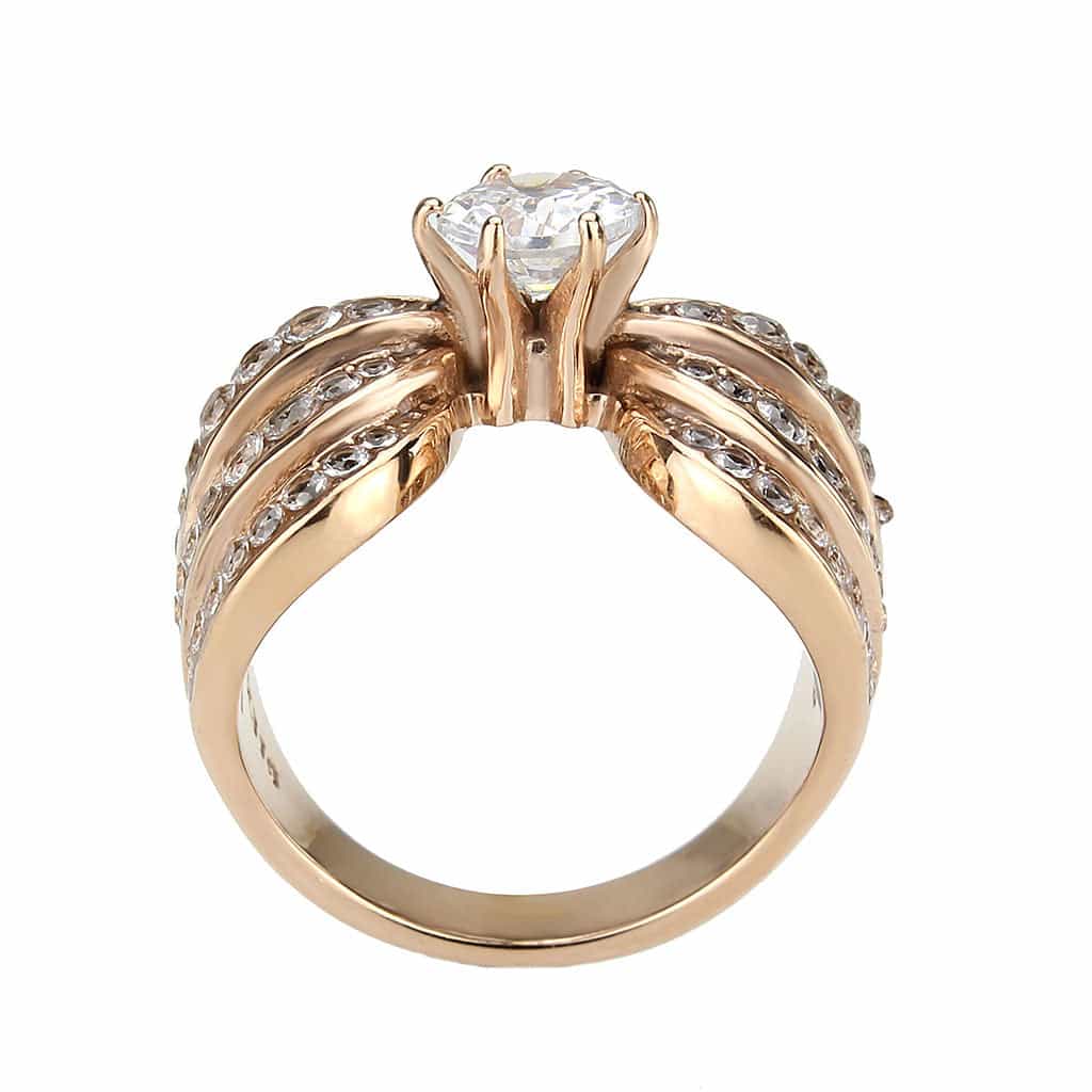 Stainless Steel Rose Gold IP CZ Round Pave Leaf Fan Cocktail Ring view 5