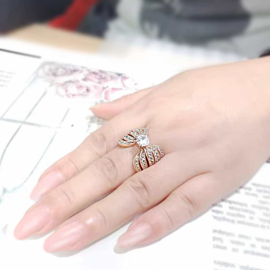 Stainless Steel Rose Gold IP CZ Round Pave Leaf Fan Cocktail Ring view 9