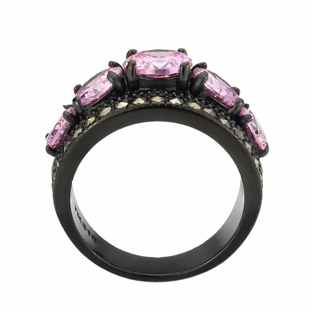 Stainless Steel Dark IP Pink Crystal Round Graduated Wide Ring view 5