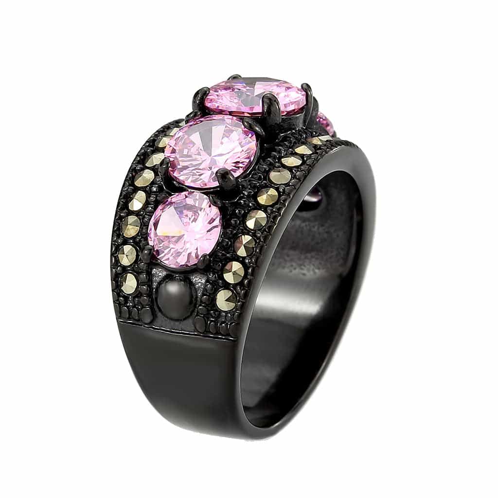 Stainless Steel Dark IP Pink Crystal Round Graduated Wide Ring view 7