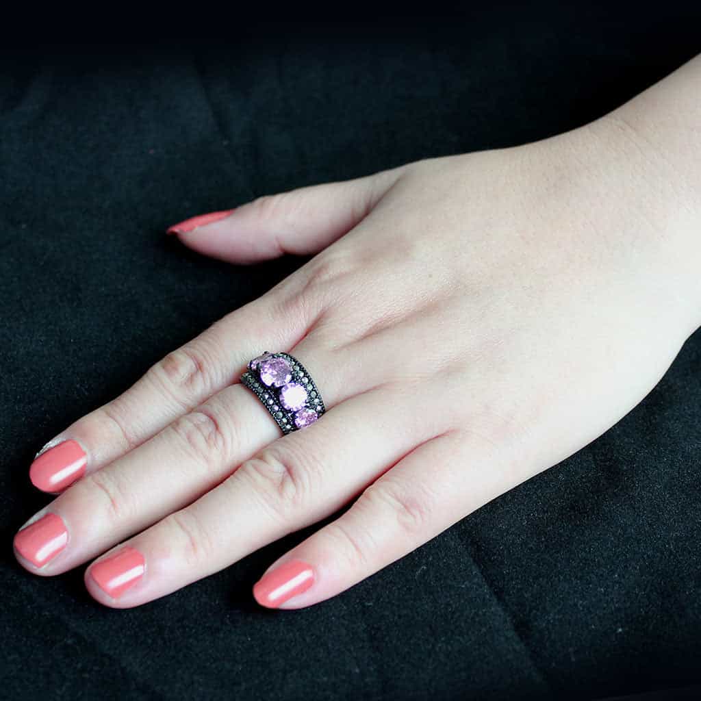 Stainless Steel Dark IP Pink Crystal Round Graduated Wide Ring view 9
