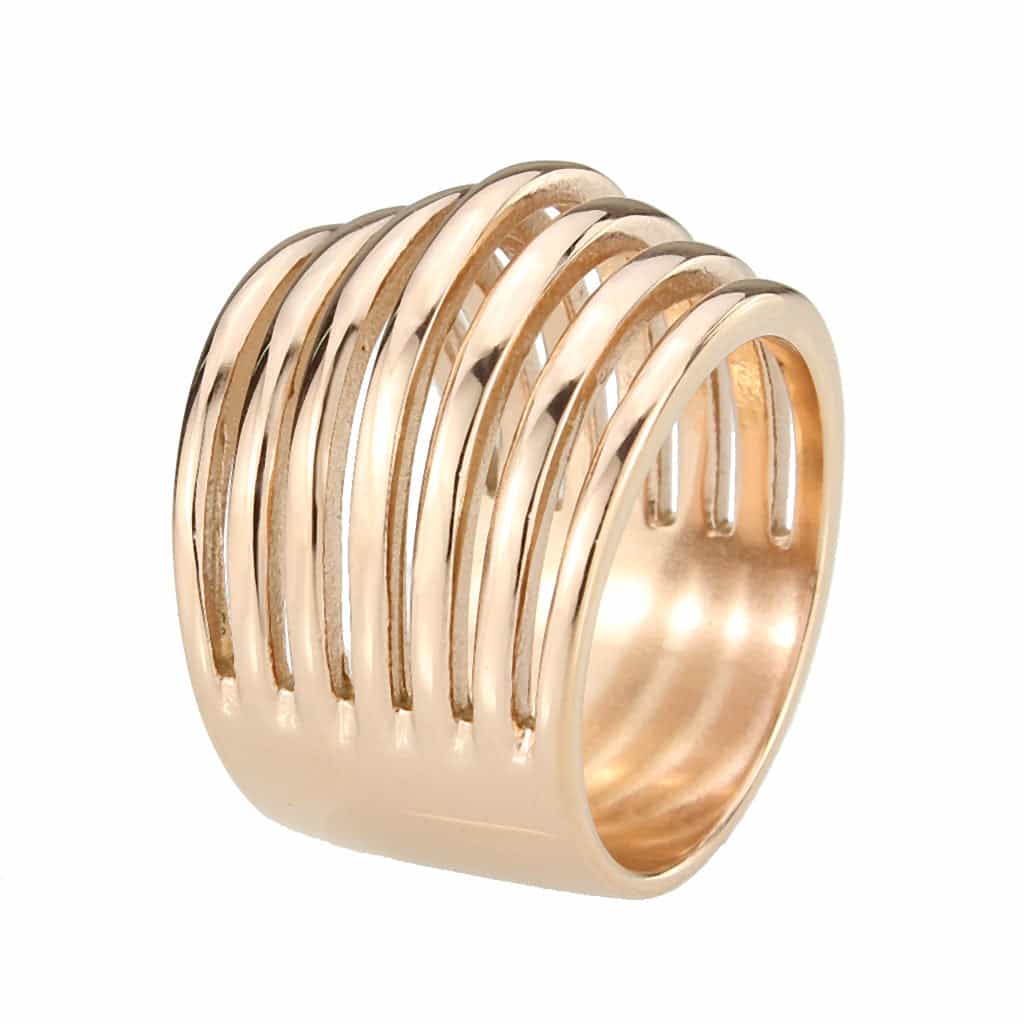 Stainless Steel Rose Gold IP Polished Ribbed Wide Dome Band Ring view 7