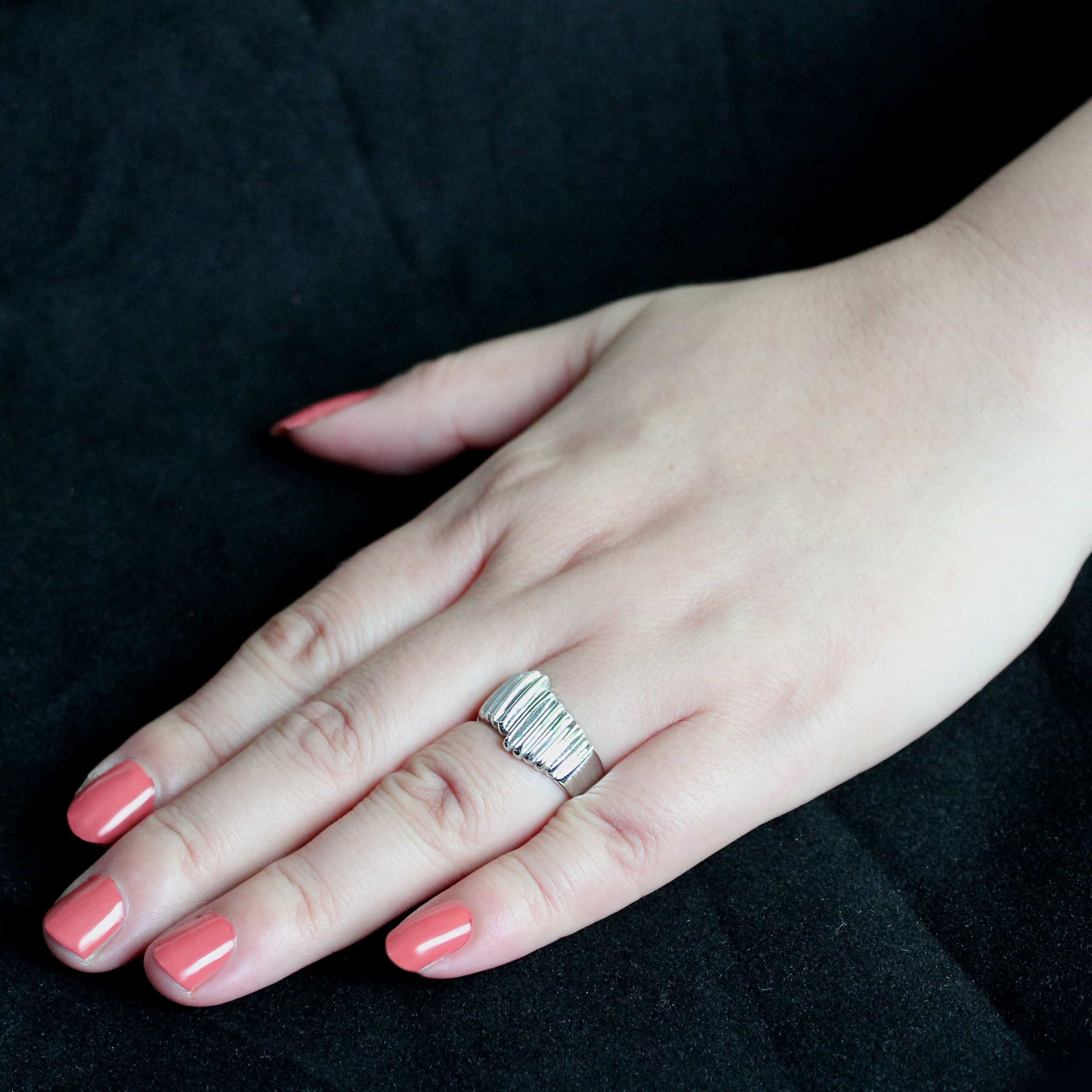 Stainless Steel Polished Ribbed Wide Mens Signet Ring view 9