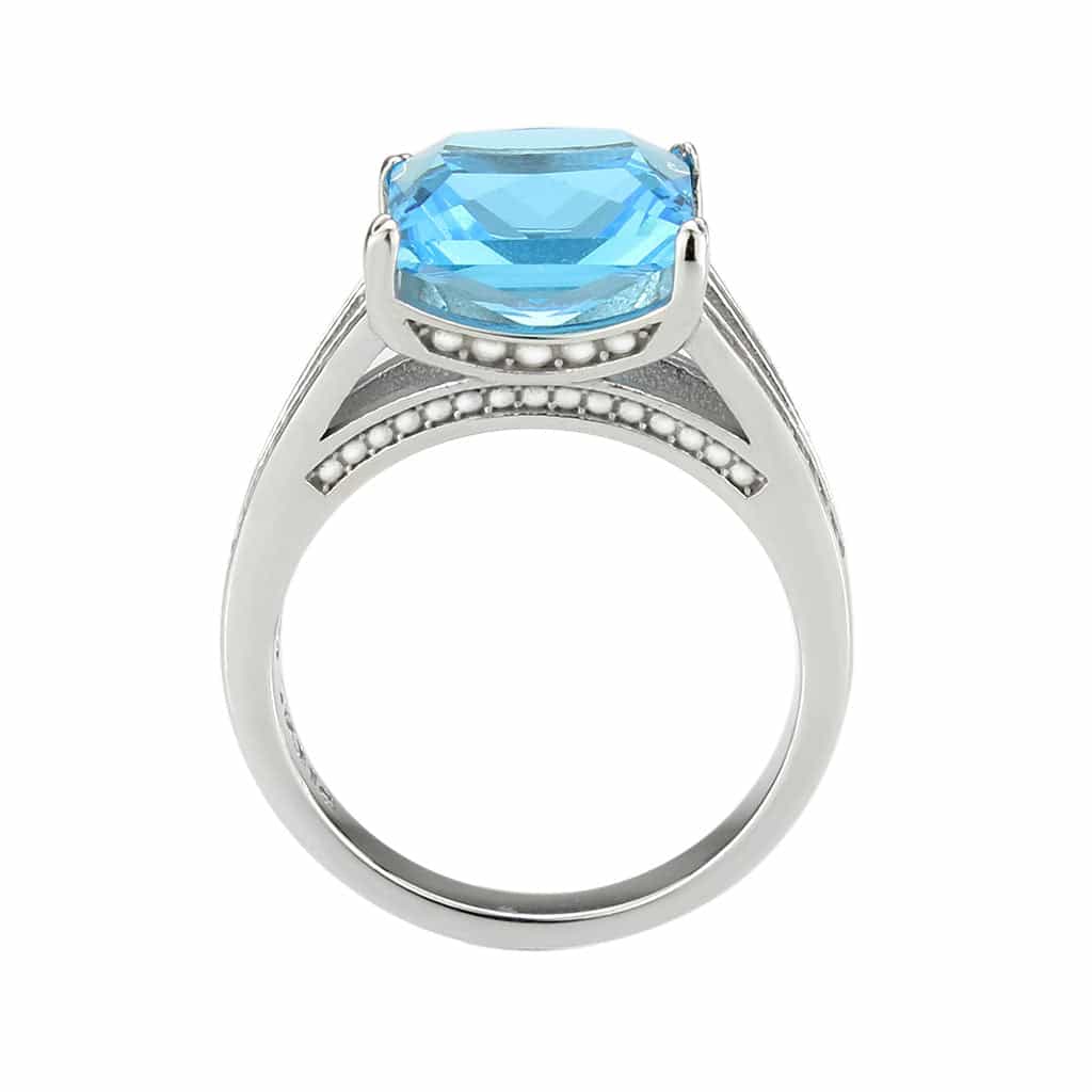 Stainless Steel Silver Aquamarine CZ Princess Beaded Ring view 5