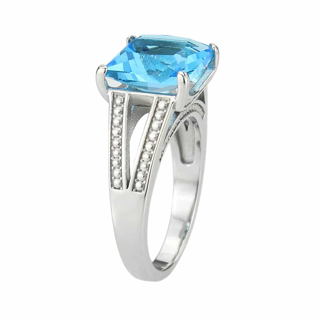 Stainless Steel Silver Aquamarine CZ Princess Beaded Ring view 7
