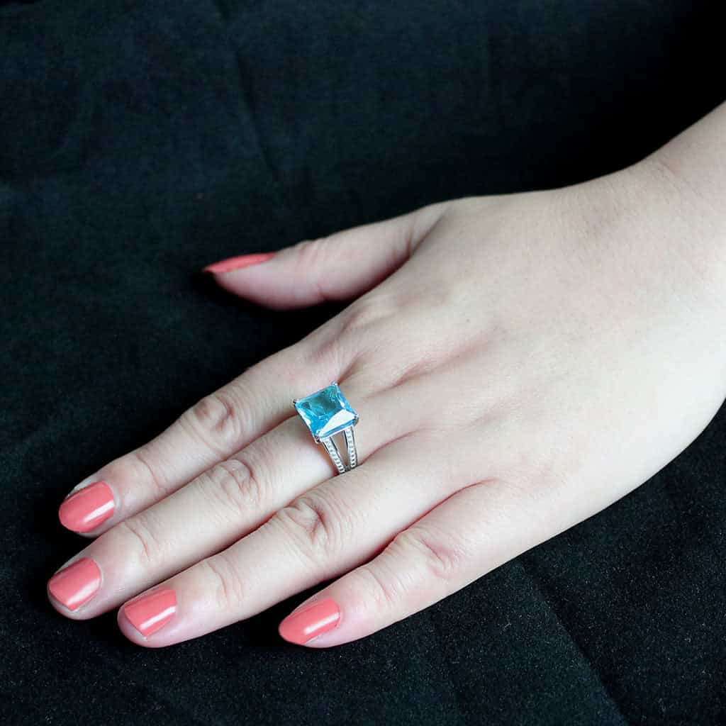 Stainless Steel Silver Aquamarine CZ Princess Beaded Ring view 9