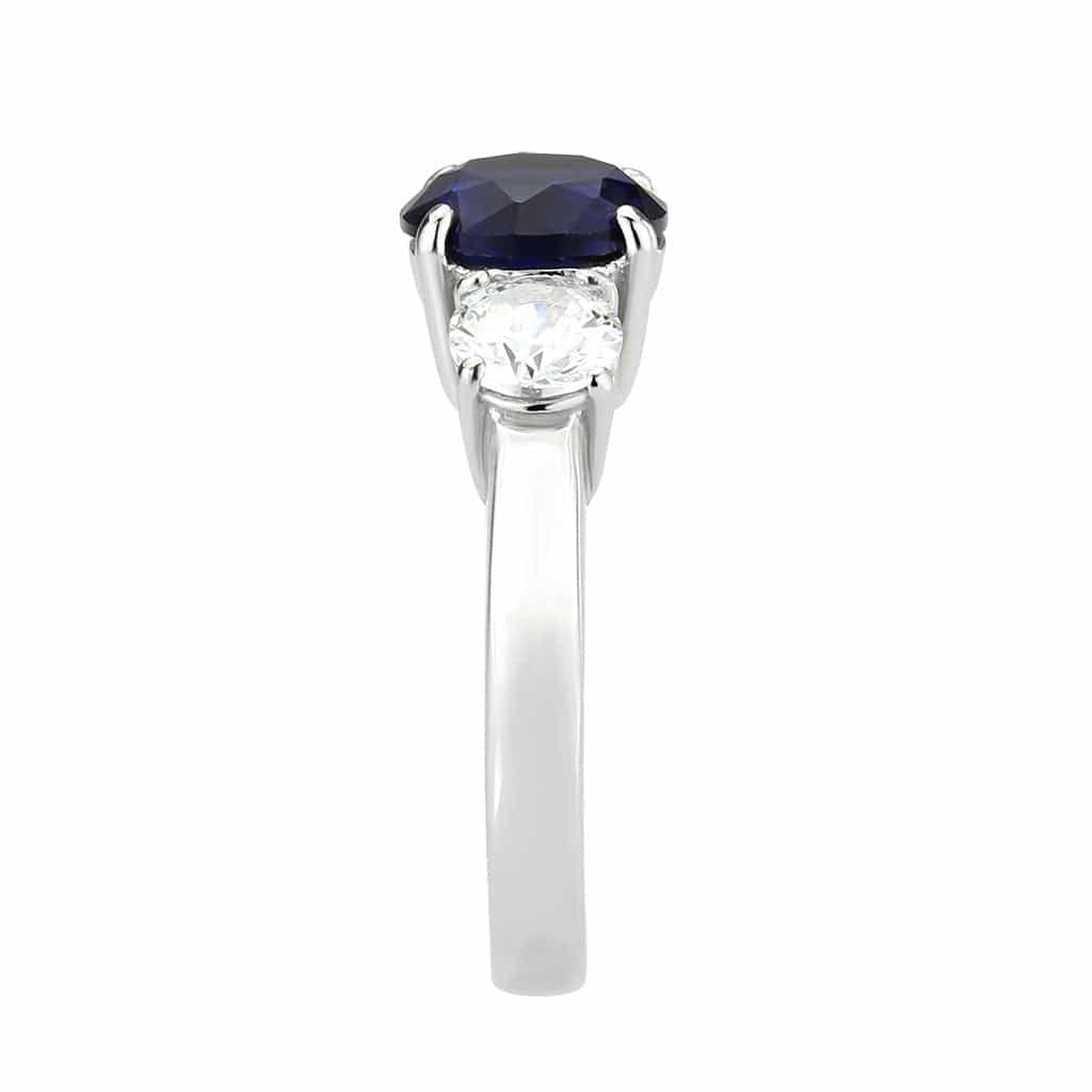 Stainless Steel Silver Blue Sapphire CZ Round Three Stone Ring view 5