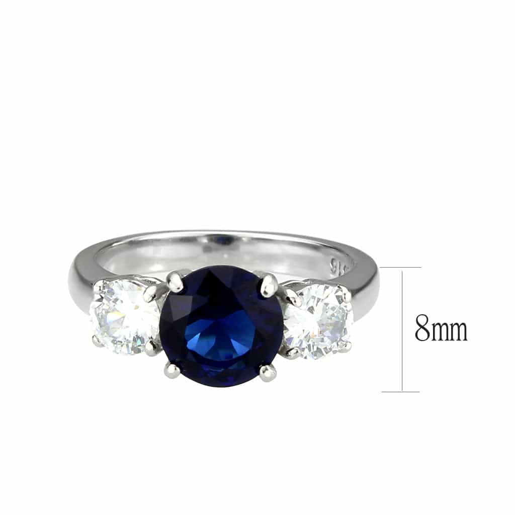Stainless Steel Silver Blue Sapphire CZ Round Three Stone Ring view 2